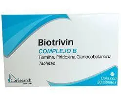 Biotrivin 30 Tabletas Complejo BTiamina(B1)/Riboflavina(B2)/Piridoxina(B6)/Cianocobalamina(B12) 100mg 30 tabletas.